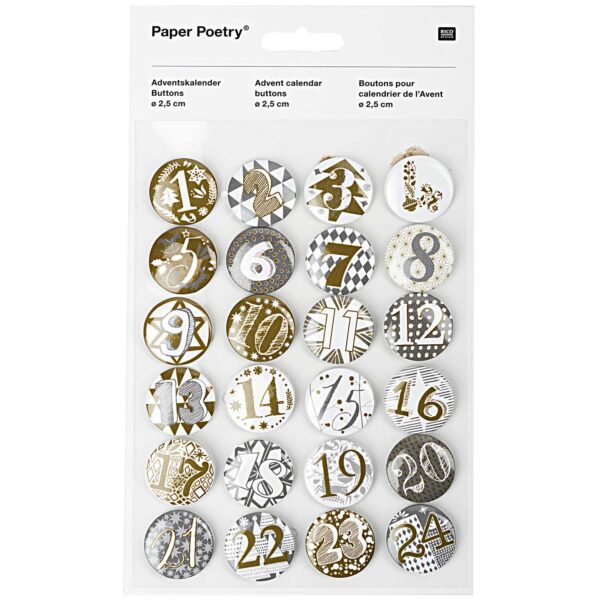 Adventskalender Buttons - 25mm 24 Stück Gold/Silber