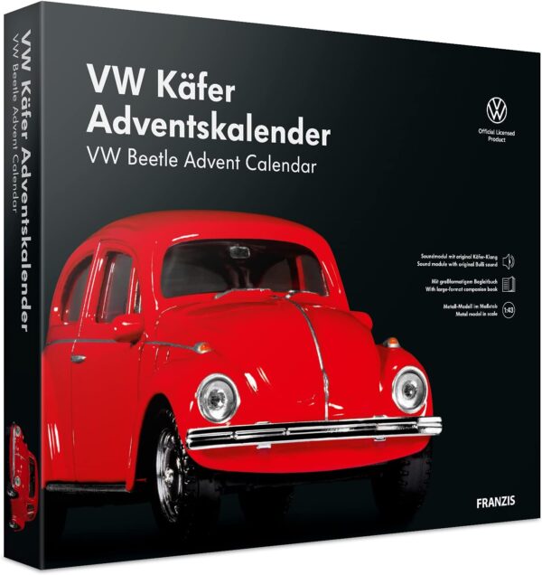 FRANZIS 55255 - VW Käfer Adventskalender rot, Metall Modellbausatz im Maßstab 1:43, inkl. Soundmodul