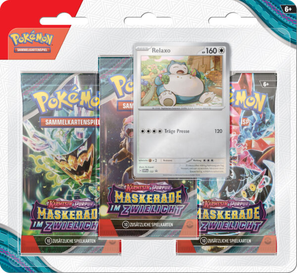 Pokémon 3er-Pack-Blister Karmesin & Purpur – Maskerade im Zwielicht: Relaxo