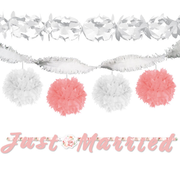 Hochzeitsdekoration Just Married Rosa Weiß inkl. 4x Seidenpapier Pompoms 30cm und 3x Girlanden