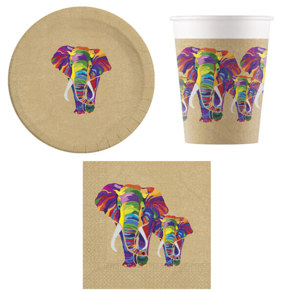 36-teiliges kompostierbares Elephant Party-Set inkl. Pappteller, Pappbecher und Papierservietten