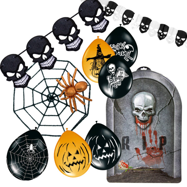 28-teiliges Halloween Dekoration Set inkl. Totenkopf-Girlanden, Luftballons, Spinnennetz und Deko Grabstein