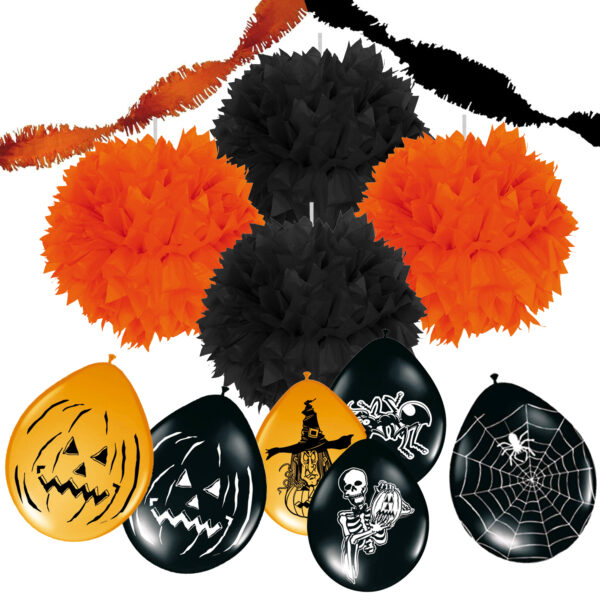 30-teiliges Halloween Dekoration Set inkl. Girlanden aus Krepppapier (Schwarz und Orange), Pompom Kürbis und Luftballons