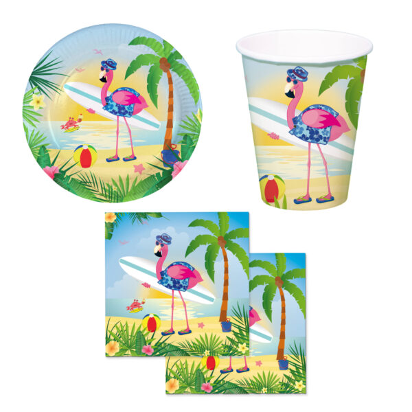 36-teiliges Flamingo am Strand Party-Set inkl. Pappteller, Pappbecher und Servietten