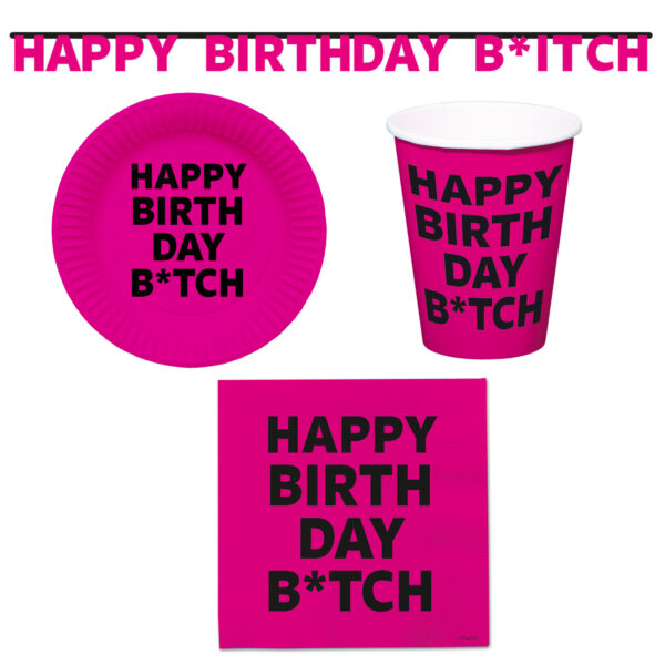 37-teiliges Happy Birthday B*tch Party-Set inkl. Pappteller, Pappbecher,  Servietten und Girlande