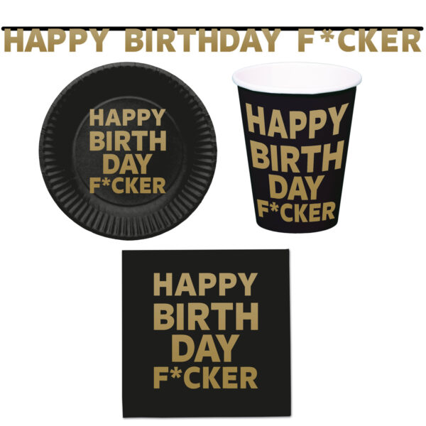 37-teiliges Happy Birthday F*cker Party-Set inkl. Pappteller, Pappbecher,  Servietten und Girlande