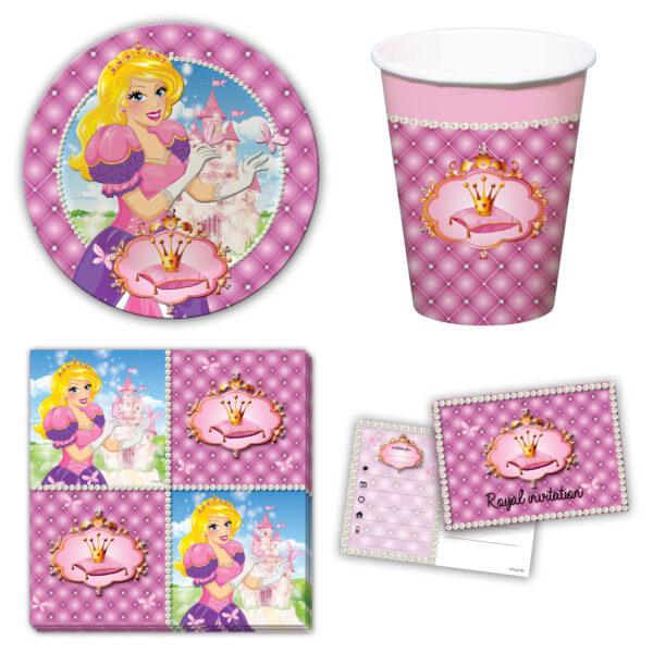 34-teiliges Prinzessin Party-Set inkl. Pappteller, Pappbecher, Servietten und Einladungskarten