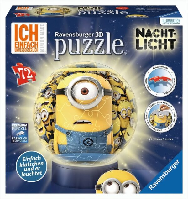 Ravensburger Puzzle - 3D puzzleball - Nachtlicht Minions, 72 Teile