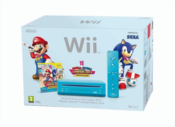 NINTENDO  Wii blau + Spiel Mario & Sonic bei den Olympischen Spielen in London 2012 + 1 Fernsteuerung Wii Plus