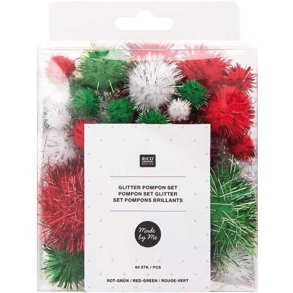 Glitter Pompom Set Rot / Grün / Weiß 60 Stück verschiedene Größen