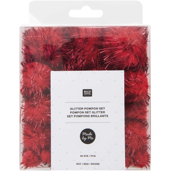 Glitter Pompom Set Rot 60 Stück verschiedene Größen